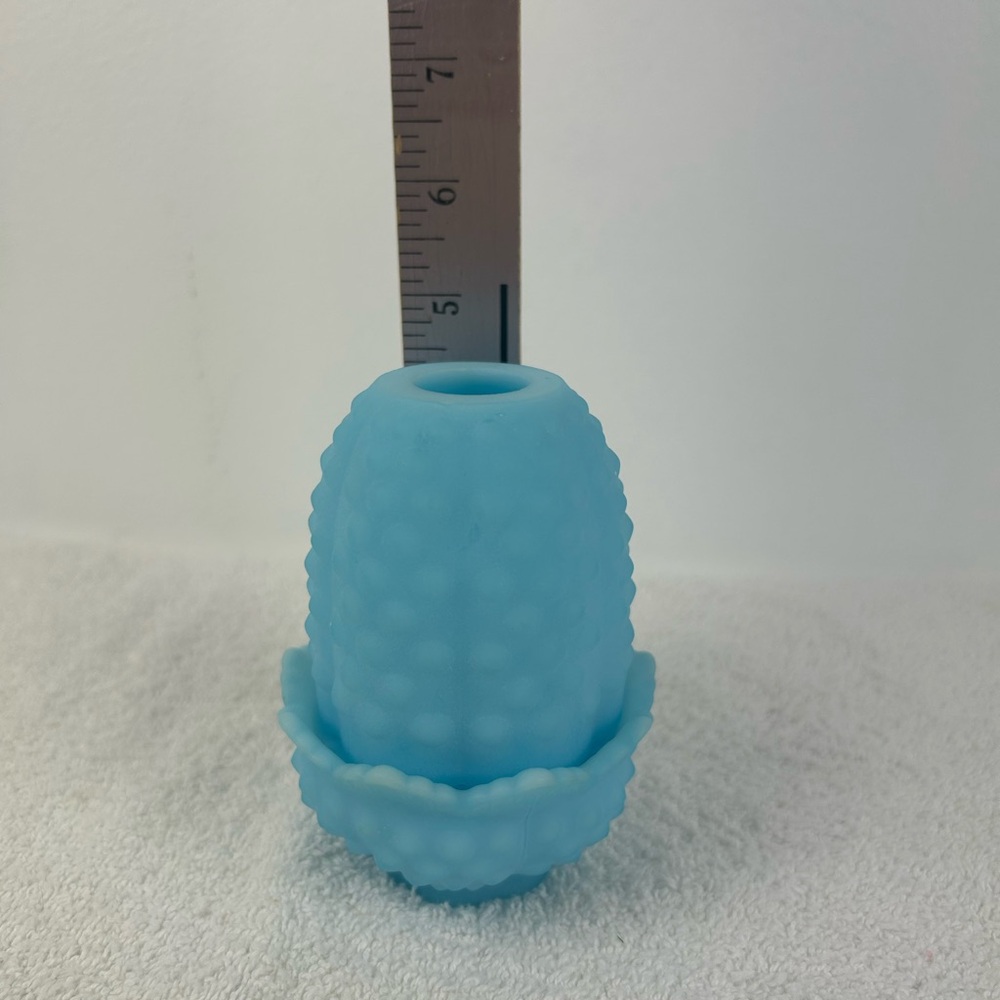 VTG 70s Fenton Satin Sky Blue Milk Glass Hobnail Fairy Lamp Light Votive - Picture 10 of 16
